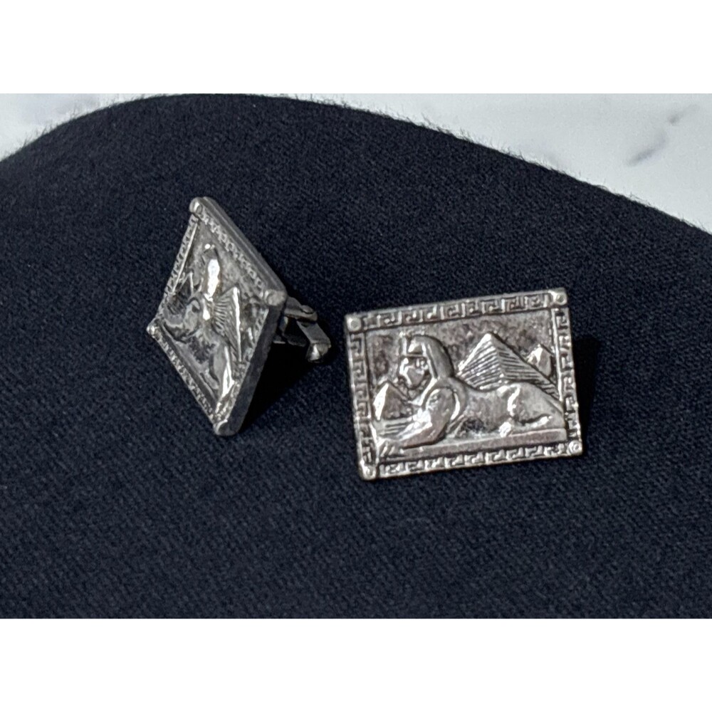 Vintage Cufflinks Egyptian Revival Large Silver Tone Anson